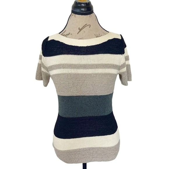 Ann Taylor Womens Sweater Knit Striped   XS Colorblock Short Sleeve Cable Chain - Picture 4 of 12